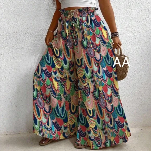 Plus Size Boho Abstract Geo Print Smocked  High Waist Wide Leg Palazzo Pants - Picture 2 of 4